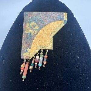 Handmade Mixed Media Folk Art Brooch Abstract Geometric Beaded Dangles Signed